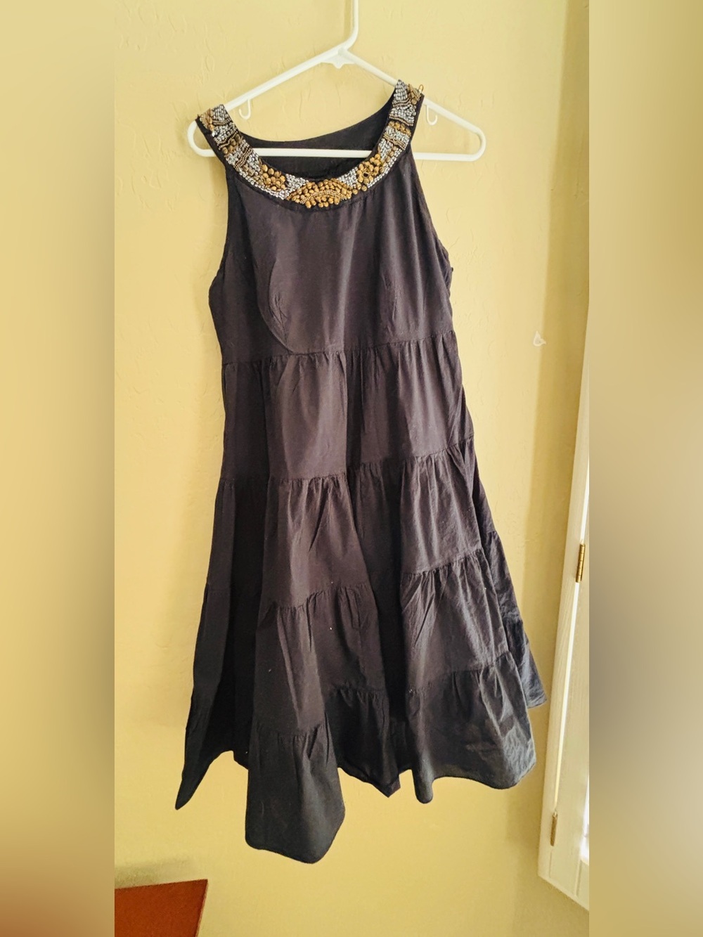 Grace Black Cotton Ruffled Dress with Gold & Silver Beaded Neckline ~ Women’s M